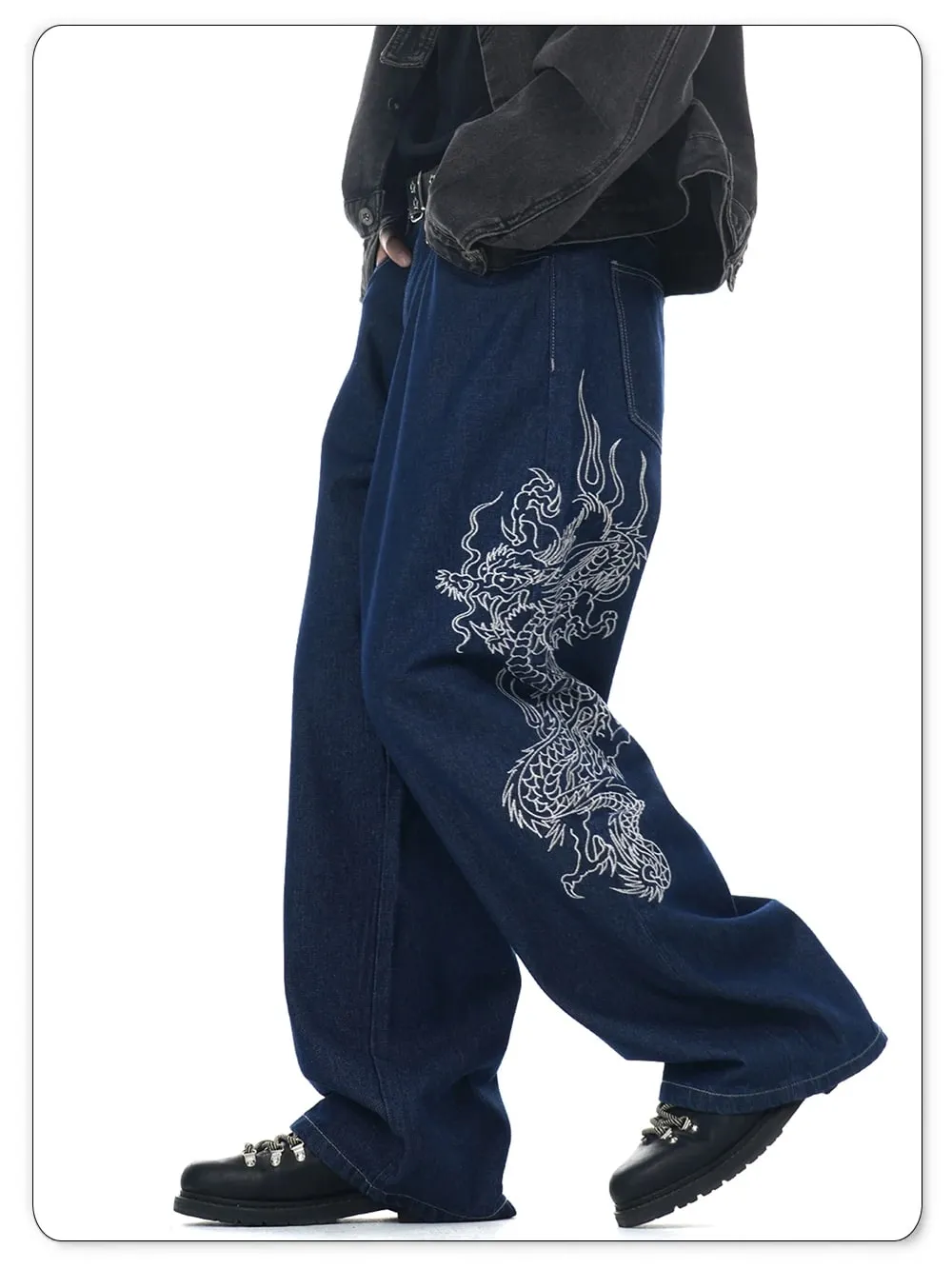 New Men's Blue Baggy Dragon Embroidered Wide Leg Jeans Spring Summer Classic Blue Baggy Washed Denim Pants Unisex Clothing