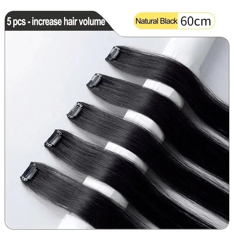 24 Inch Hair Extensions Black Straight Length Synthetic Hair Clips Party Highlights Women's Styling Hair Patches (5pcs in Blac — image 9