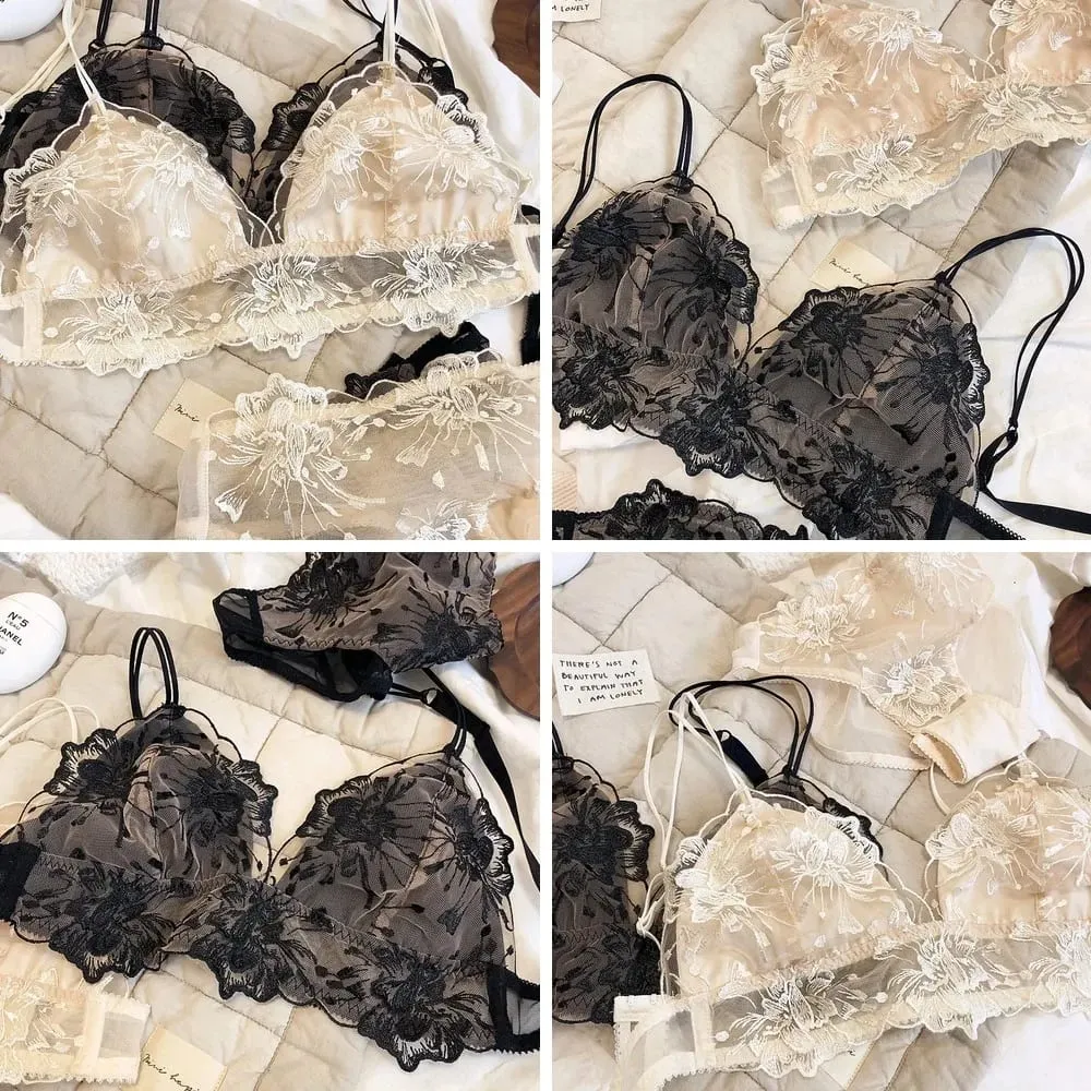 Conjunto de Bralette de encaje bordado, sujetador inalámbrico con copa triangular para pechos grandes, lencería ultrafina y transpirable