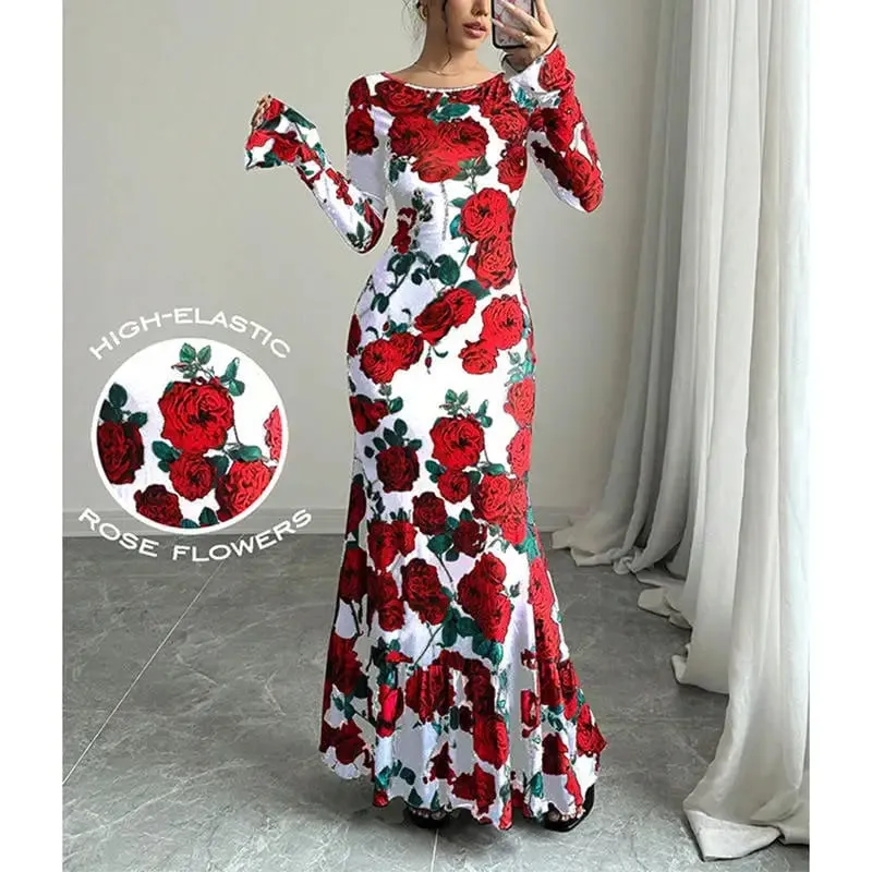 Elegant Rose Printed Maxi Dress O Neck Long Sleeves Bodycon Fishtail Dress Figure Slim Rose Floral Pattern Adds Charm Long Dress — image 7