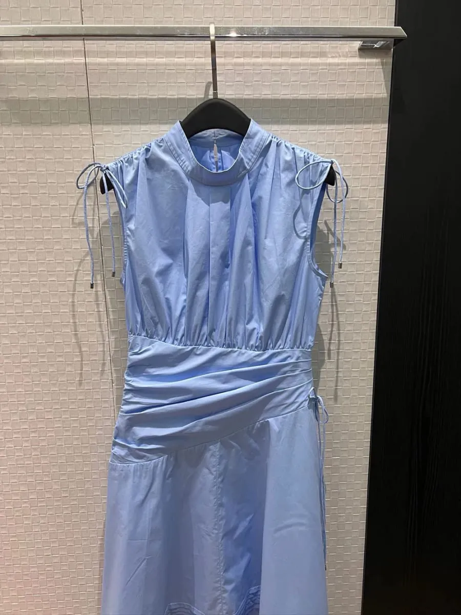 New 2026 spring summer women drawstrings stand collar cotton dresses sleeveless folds irregular dress