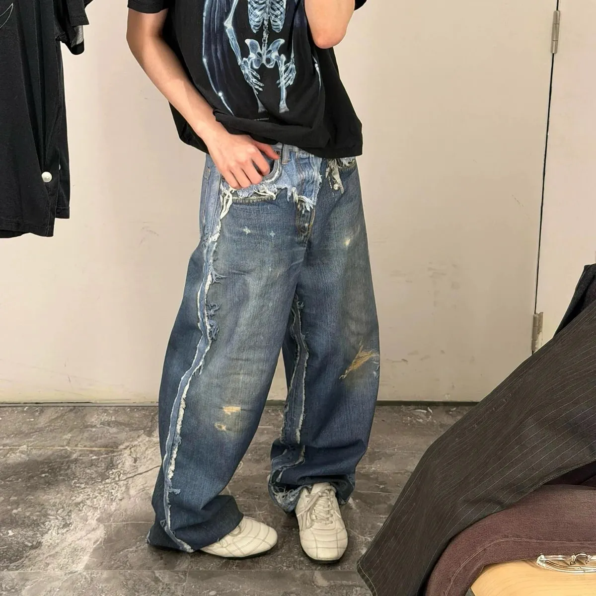 Fake Two Pieces 3D Print Patchwork Baggy Jeans for Men and Women Straight Casual Loose Denim Trousers Oversized — image 6