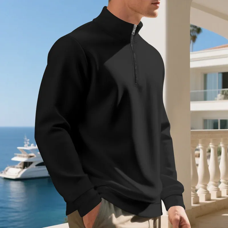 Autumn Winter Men's Fleece Quarter Zip Pullover Man Long Sleeved Loose Stand-up Collar Sweater Casual Comfy Mock Neck Sweatshirt — image 4