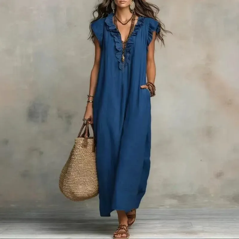 2026 verão feminino boho algodão linho maxi vestido cor sólida plissado decote em v sem mangas solto vestidos longos com bolsos casual praia