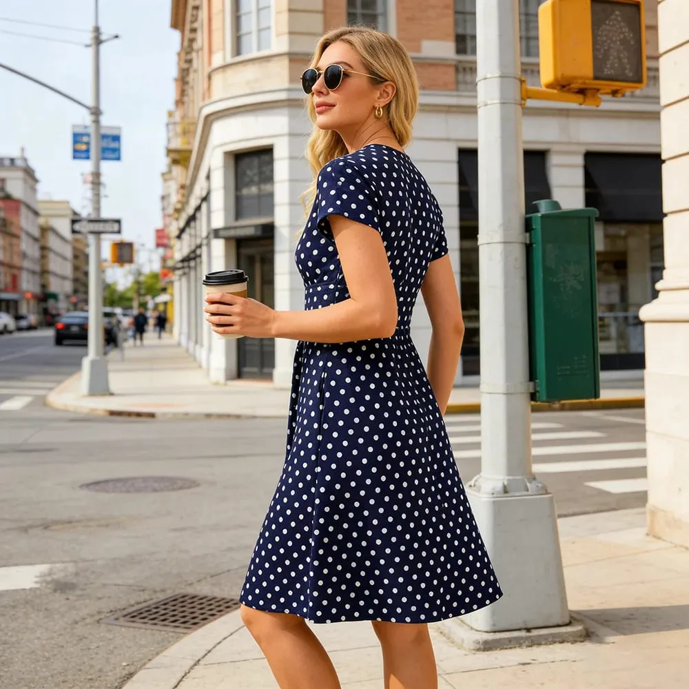 Women's V-Neck Wrap Dress with Pockets Short Sleeve Polka Dot Casual Summer Dress — image 4