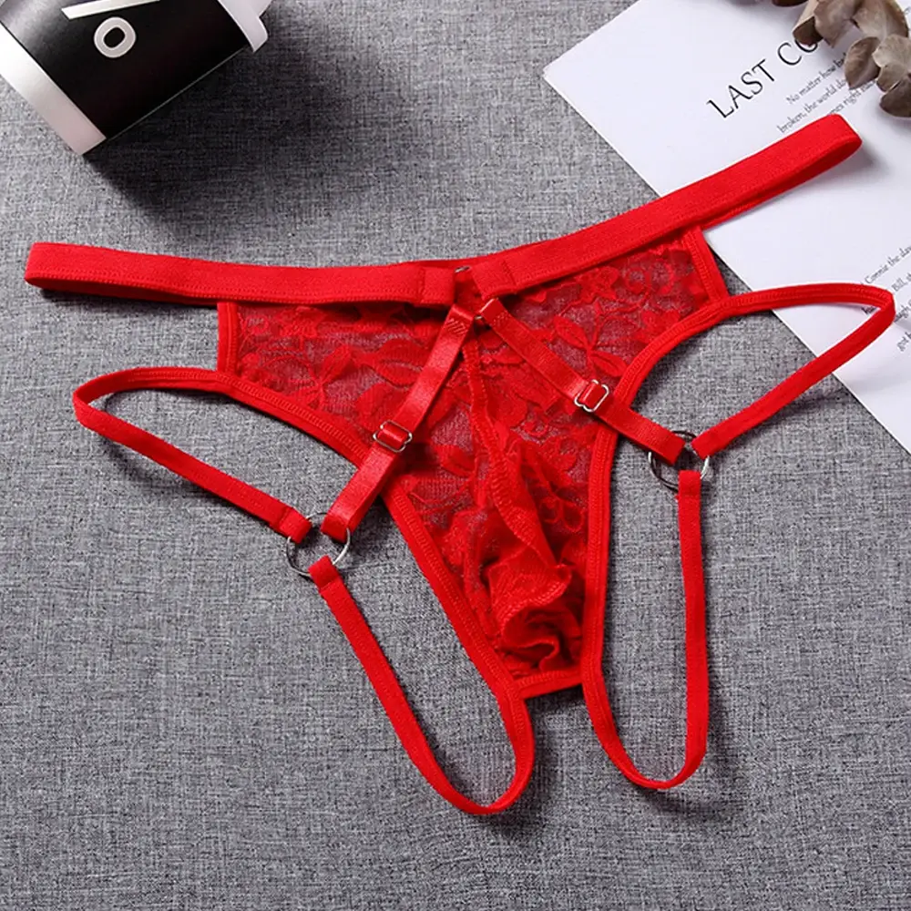 Sexy Underwear Men's G-Strings Exotic Lingerie Panties Sheer Lace Pouch Hollow Out Lace Flower Pattern Adjustable Waistband