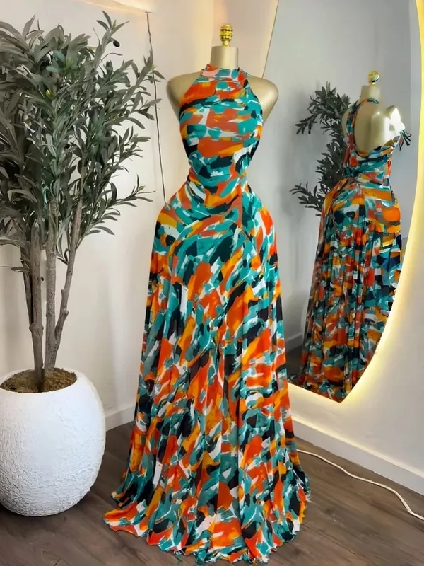 2025 Fall Women O-neck Sleeveless Print Mermaid Maxi Dress Evening Birthday Beach Sexy Night Party Long Dresses
