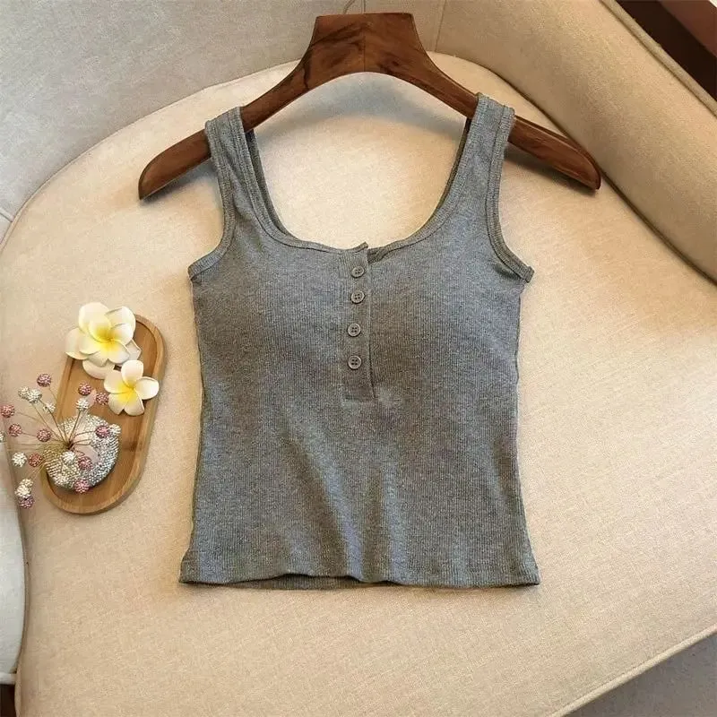 1Pcs Women's Ribbed Henley Tank Top Square Neck Button Front Built-in Bra Sleeveless Camisole