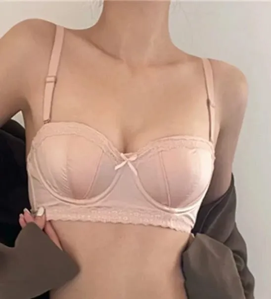 Hot Item French Inspired Minimizer Bra Women Satin Lace Thin Cup Soft Underwire Uplifting Centering Anti-Sagging Solid Comfort