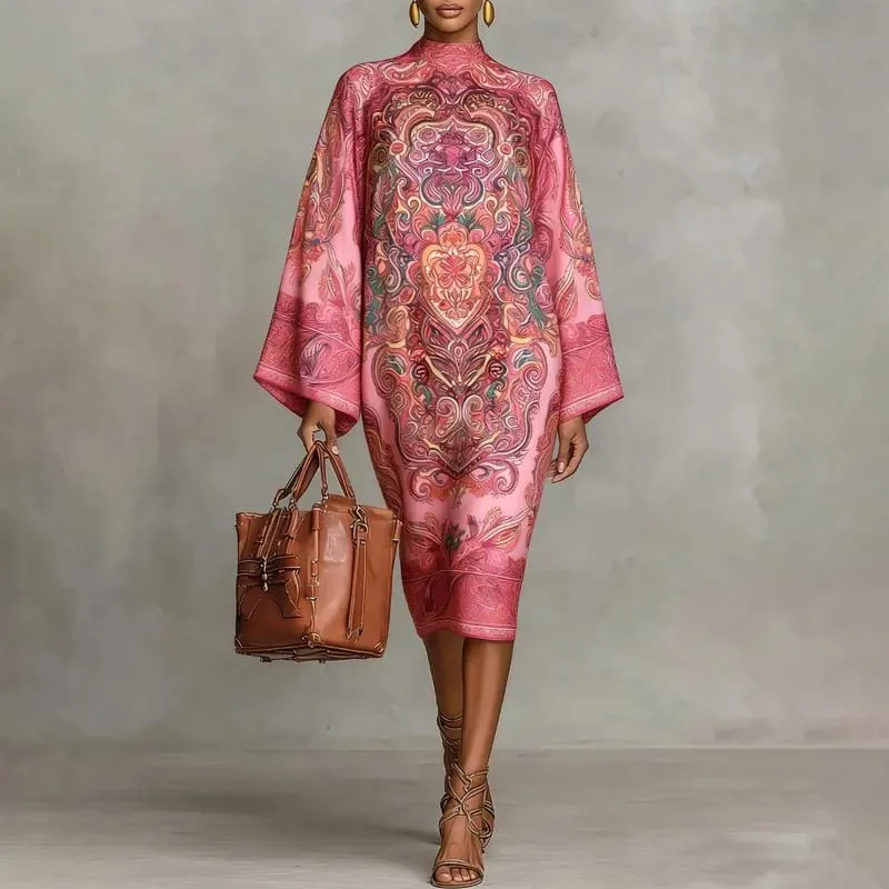 Yeezzi 2026 New Retro Classic Printed Party Evening Midi Dresses Loose Batwing Sleeves Elegant Ramadan Church Kaftan Dress Robe — image 3