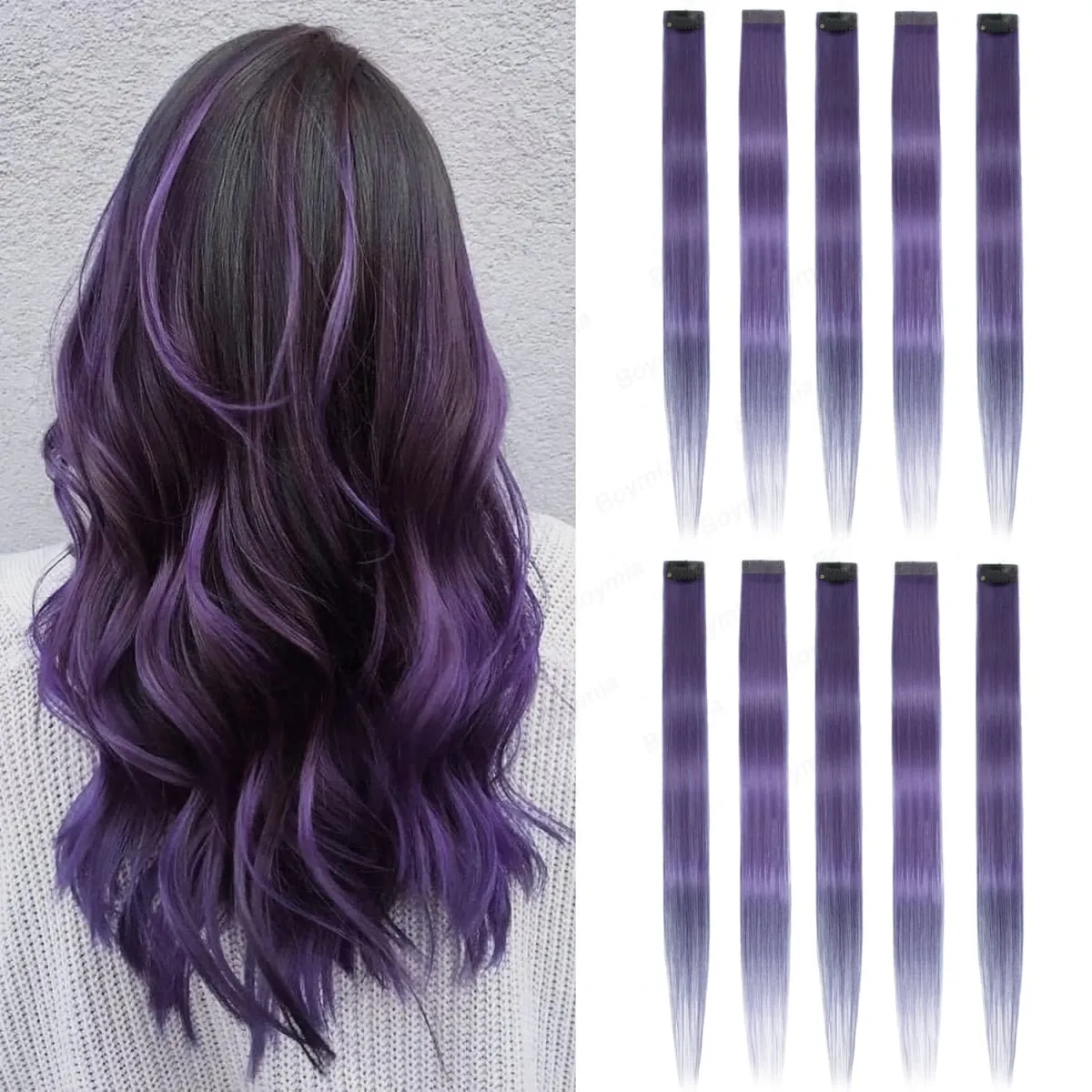 6PCS Colored Purple Hair Extensions Clip in Hair Extensions Straight Human Hairpiece for Halloween Christmas Cosplay 16Inches