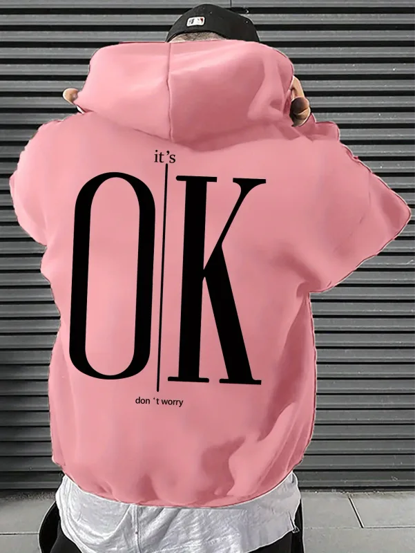 Men Hoodie It's OK Don't Worry Letter Print Oversized Casual Streetwear Loose Casual Long Sleeve Pullover Streetwer Tops — image 9