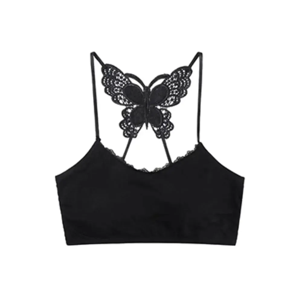 Pochlebny wąski krótki Top damski koronkowy motyl z powrotem top na ramiączkach usztywniany biustonosz z ramiączkami Spaghetti pasek bez rękawów Tank bielizna wewnętrzna