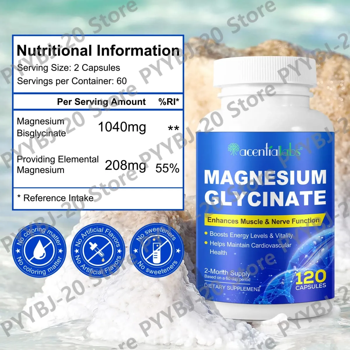 Acentiallabs Magnesiumglycinaat 120 capsules - Puur biologisch Vegetarisch Ondersteunt de gezondheid van de botten Slaap- en spierzenuwondersteuning