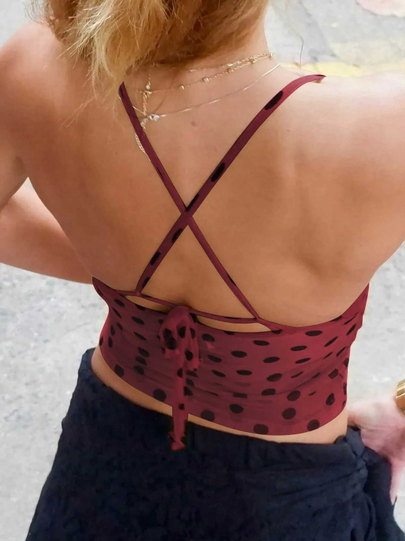 Hugcitar Spot Print V Neck Slips Backless Lace Up Sexy See Through Slim Crop Tank Top Women Fashion Outfit Vacation Party Club — image 5