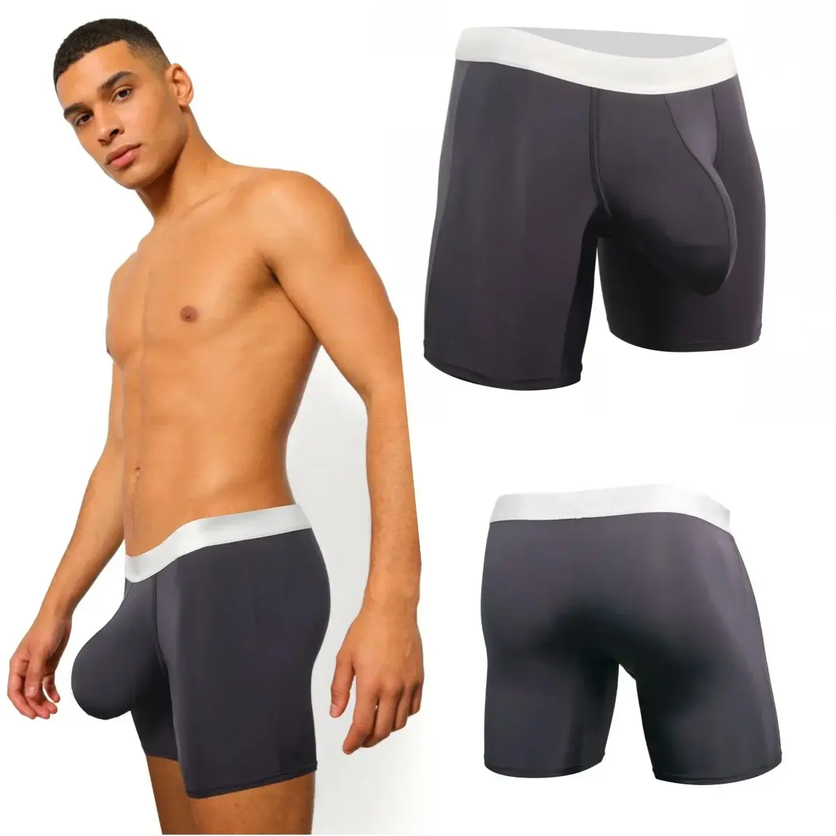 Men Ice Silk Boxer Briefs Deep U Convex Pouch Breathable Cool Quick Dry Sports Running Underwear Anti Chafe Seamless Underpants