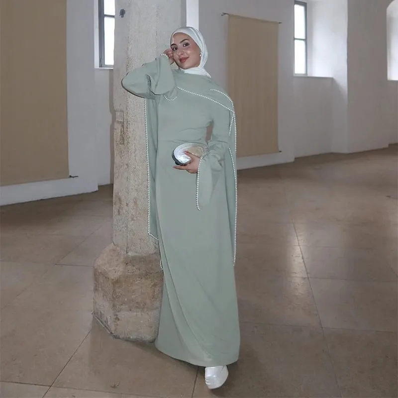White Pearl Trim Cape Maxi Dress Women Elegant Long Sleeve Cinched Waist Muslim Robes 2026 Spring EID Abaya Lady Dresses — image 4