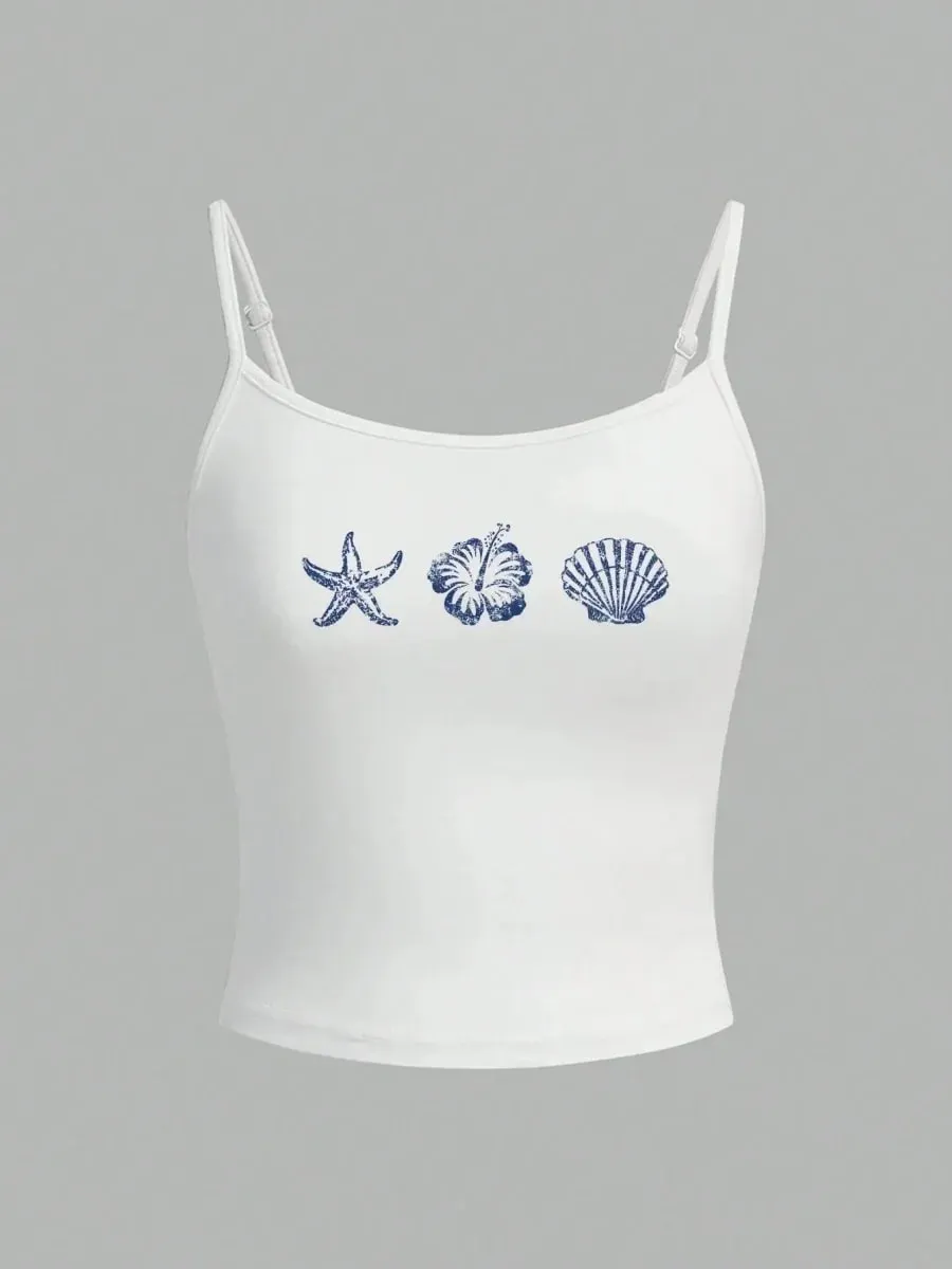 Women Seashell Starfish Print Spaghetti Strap Camisole Summer Casual Y2K Street Style Slim fit Crop Top