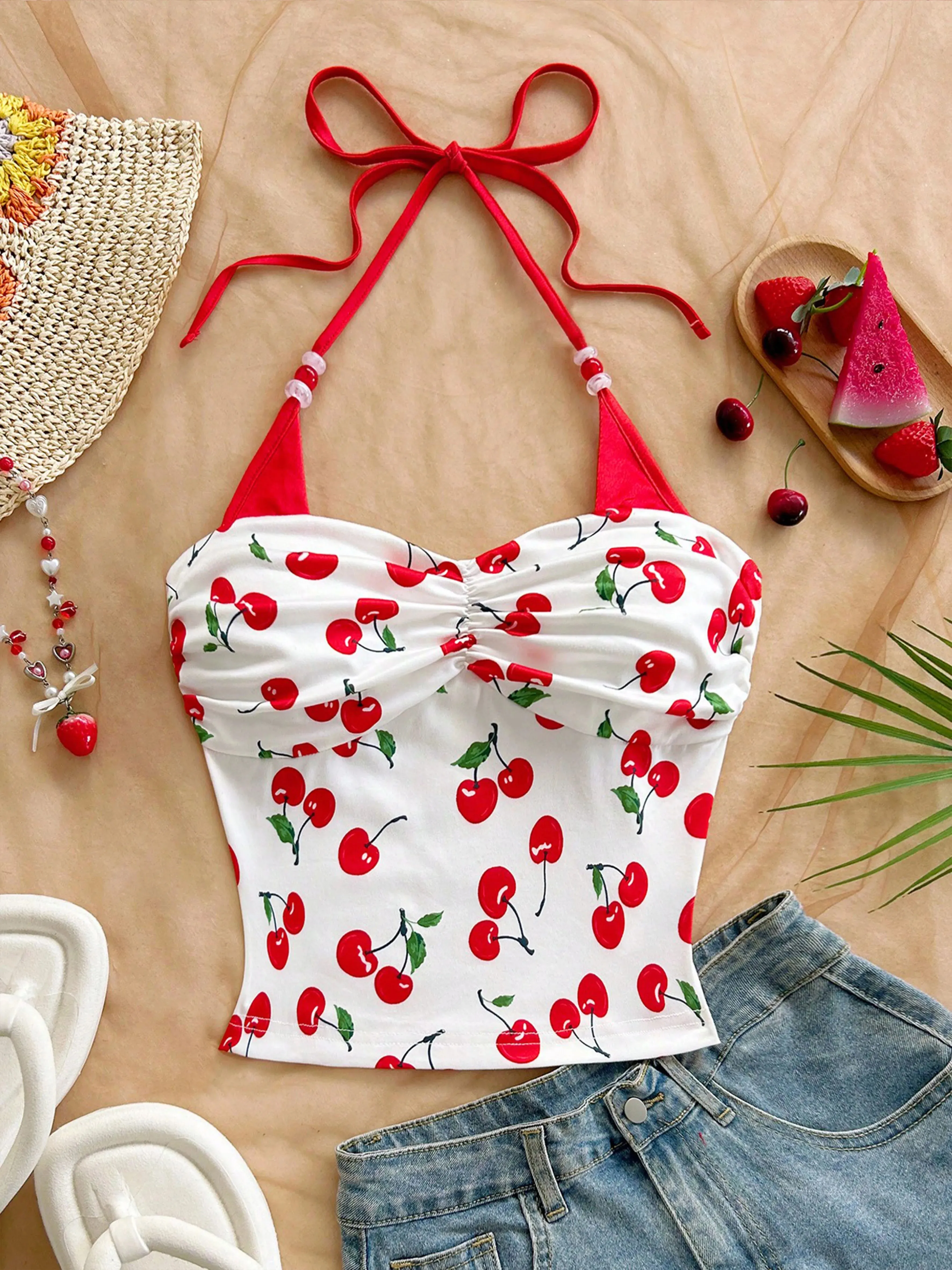 Women's Cherry Printed Color-blocking Beaded Halter Top Summer Beach Vacation Beach Party Summer Party