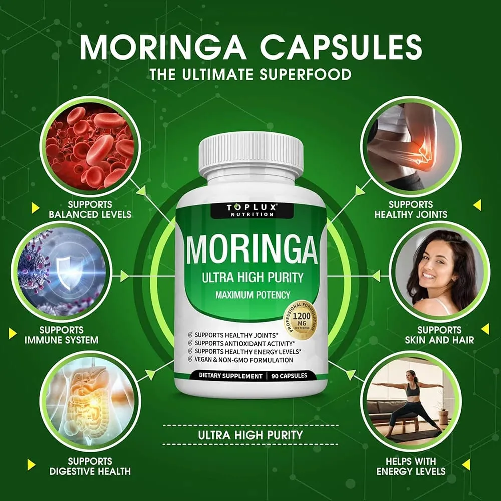 Moringa Capsules 1200mg - Pure Moringa Powder Oleifera Leaf Superfood Rich in Antioxidant Skin Health & Immune Support Vegan — image 3