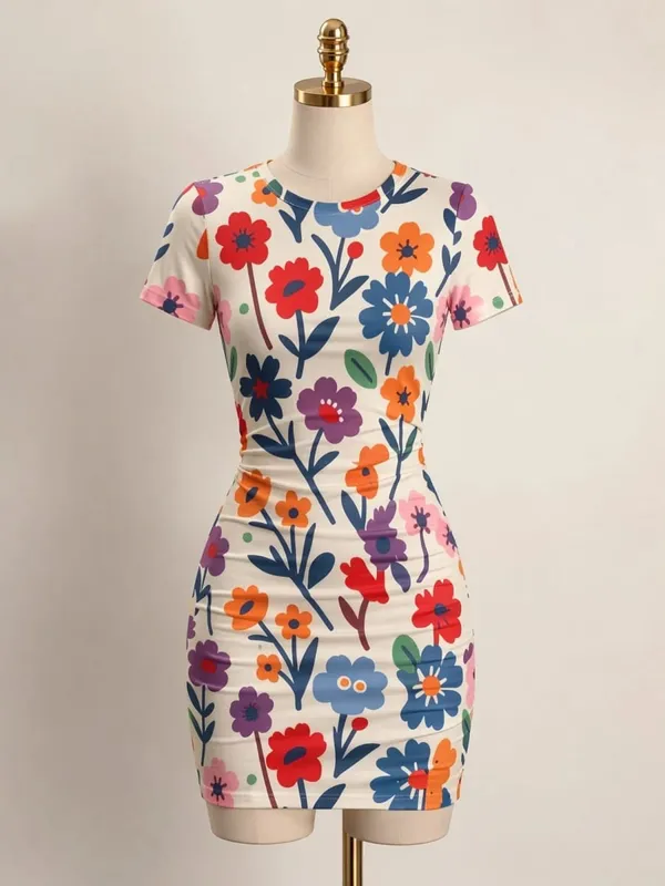 Womens Short Sleeve Bodycon Mini Dress Slim Fit Crew Neck Floral Print Casual Summer Party Cute Modern Holiday Vacation Sundress — image 13