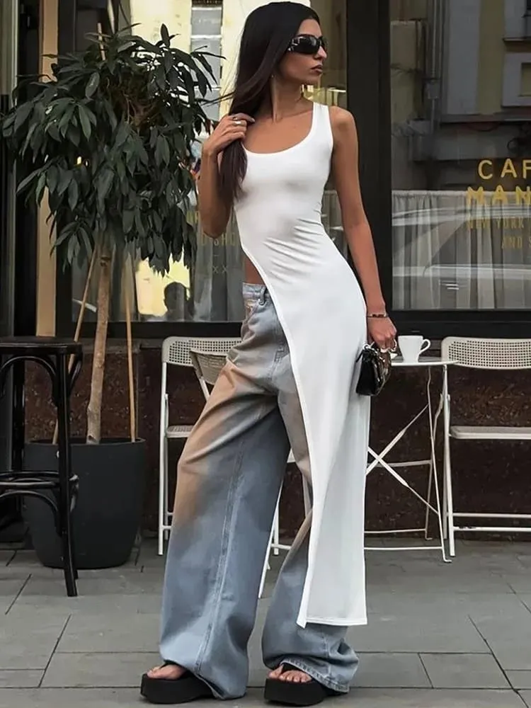 Sexy sleeveless side high slit dress solid color back free women's MIDI dress summer party club streetwear y2k