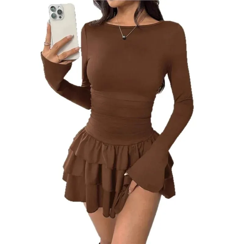 Temperament Dresses 2025 Woman Mini vestidos Simple Style Elegant French Bodycon Slim Pleated Fashion Long Sleeve Commuting Sexy