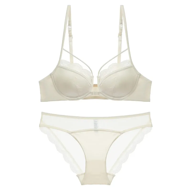 Smooth Thin Cup Front Closure Bra Briefs Set Underwear with Lace Trim Push-up Backless Bra Women Brassiere Sexy Female Lingerie