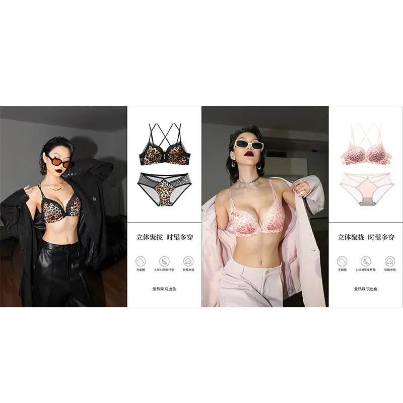 Victoria Style MOYISU Pink Leopard Wireless Bra Set Front Hook Design Push Up Bralette Sexy Back Lingerie To Boost Small Bust — image 17