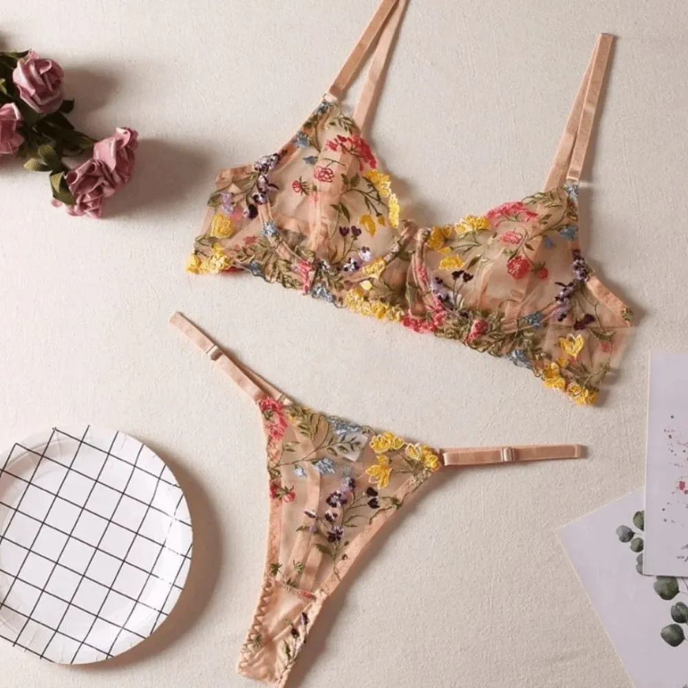 Dwuczęściowy, uniwersalny komplet bielizny w kwiaty, haftowany przezroczysty biustonosz w stylu boho, komplet majtek Intimates — image 5