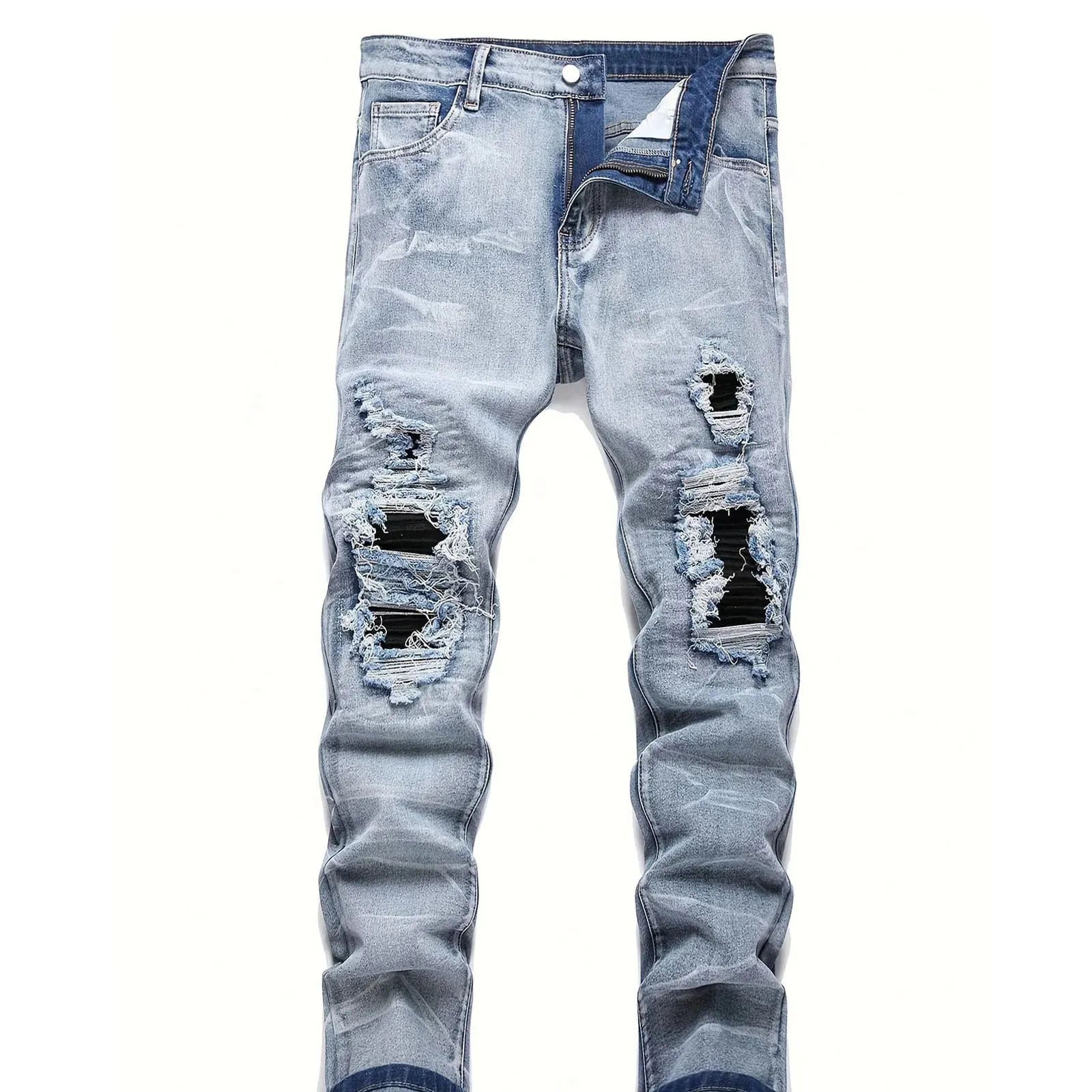 Men's Stretchy Denim Jeans Streetwear Tearing Patchwork Holes Ripped Denim Elastic Waist Casual Pants Slim Fit Straight Trousers — image 2