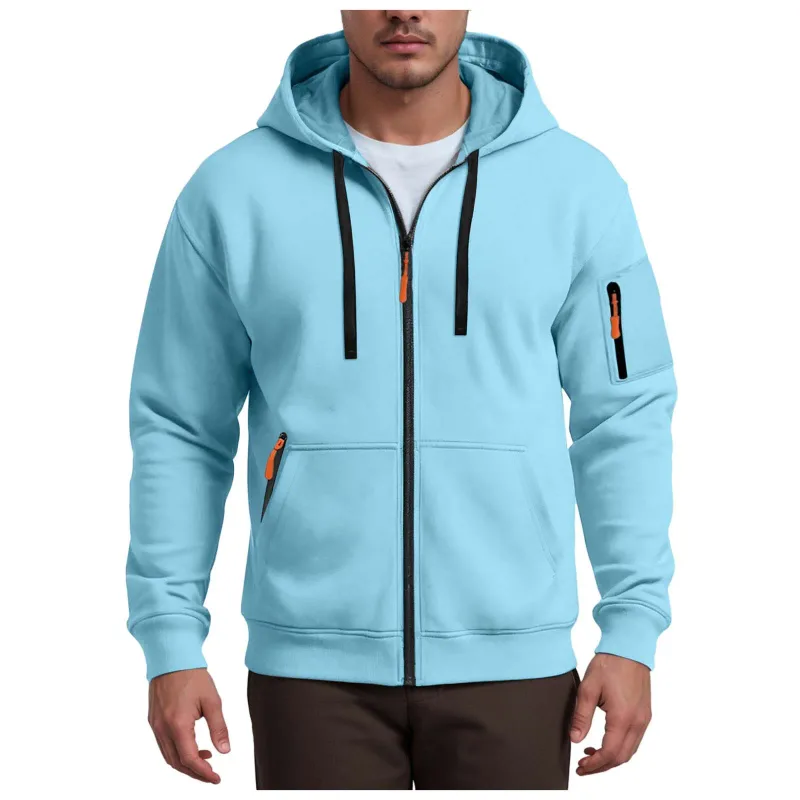 Men's Hoodies Solid Color Loose Zip Up Jacket Arm Zipper Pocket Hoodies Sand Hoodie Men — image 10