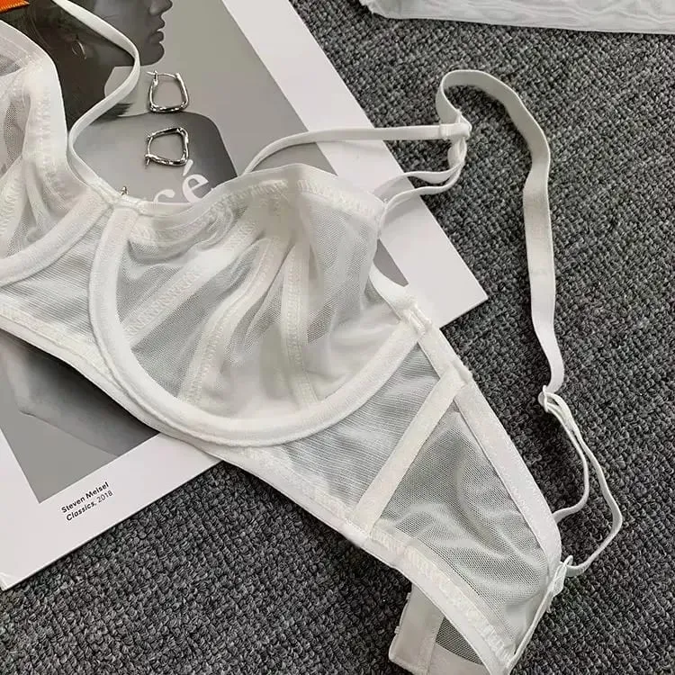 Women Strappy Mesh Lingerie Set Underwire Bra Panty Set Metal Pendant Sheer Intimate Underwear For Women Daily Nightwear — image 5