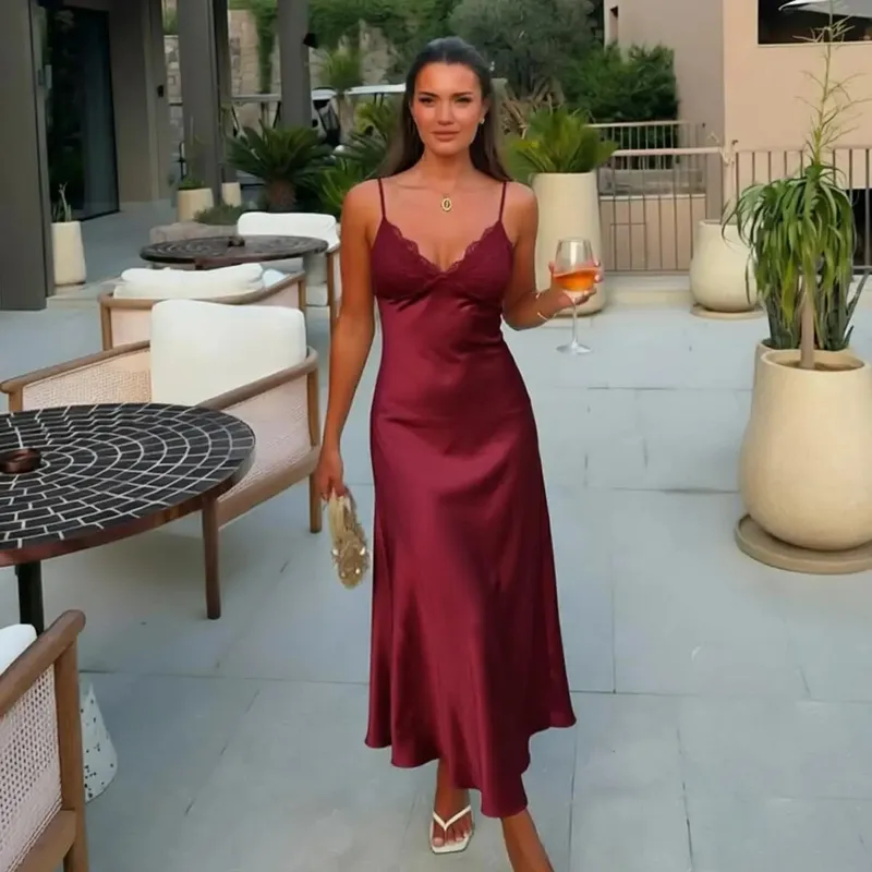 Elegant Women's Backless Yellow Satin Dresses Cross-back Design Long Slim Fit A-line Summer Dress 2026 New Vacation Travel Gowns — image 8