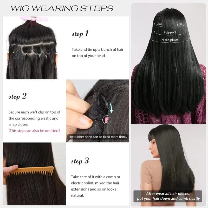 Synthetic 20 Inch Straight Clip In Hair Extensions 4Pcs Soft Thick Black Hair Pieces Available In 3 Colors For Women Daily Use
