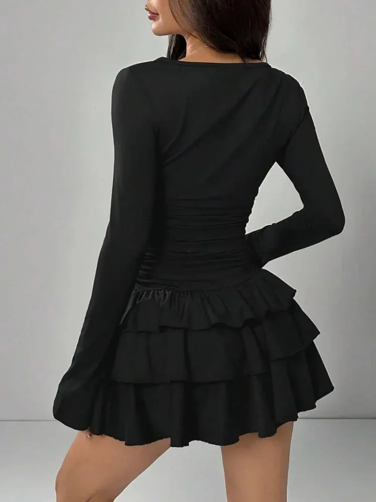 Autumn Winter Solid Color Slim Fit Cascading Ruffles Mini Dress Women Elegant Flare Sleeve High Waist Sexy Party Bodycon Dresses — image 7