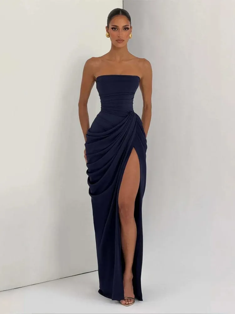 Mulheres amarelo elegante sem alças vestido plissado sexy sem mangas cintura cinching split maxi vestidos 2026 senhora novos vestidos de festa à noite