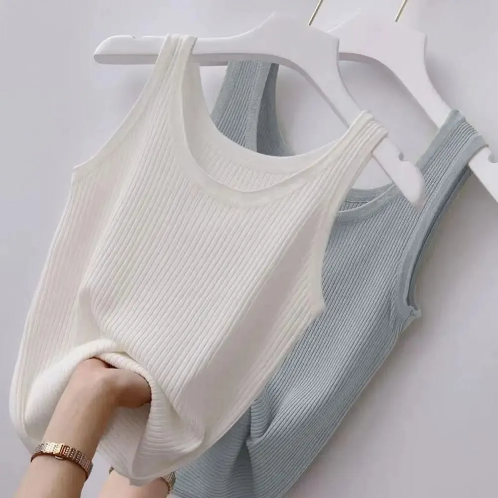 2024 Polyester Sexy Sleeveless Camisole Basic Top Solid Color Summer Camisole Streetwear Tees T-Shirt Spring Knitted Tank Women