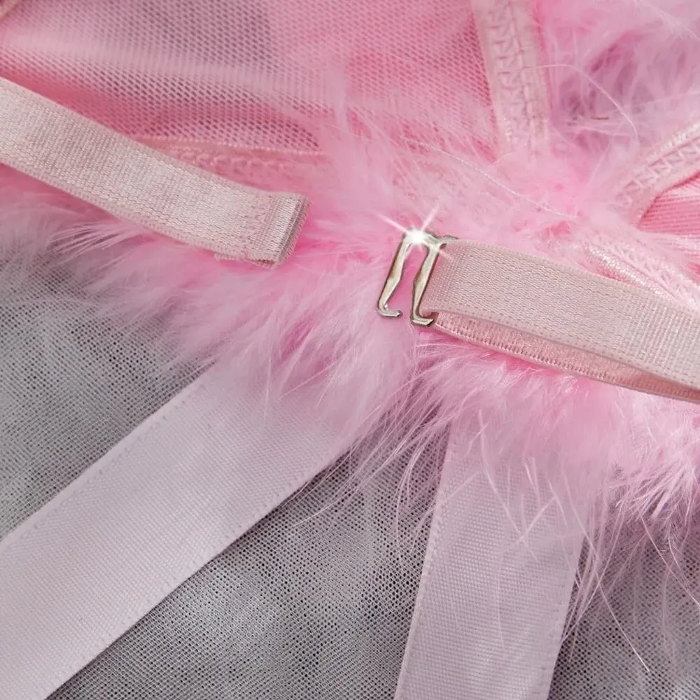 Christmas Furry Women's Underwear Wireless Mesh Transparent Lingerie Set Bow Decor Romantic Intimate Bra Panties Suit Christmas