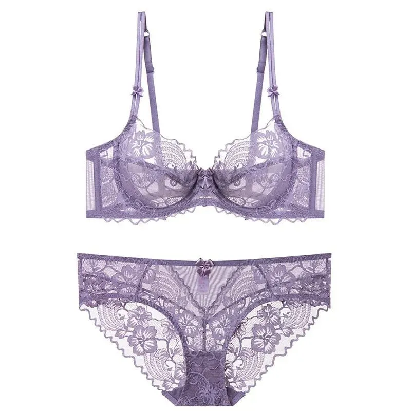 Ladies Delicate Purple Lace Push Up Underwear Set Victorian Style Soft Underwire Anti-sagging Ultra Thin Bralette Set