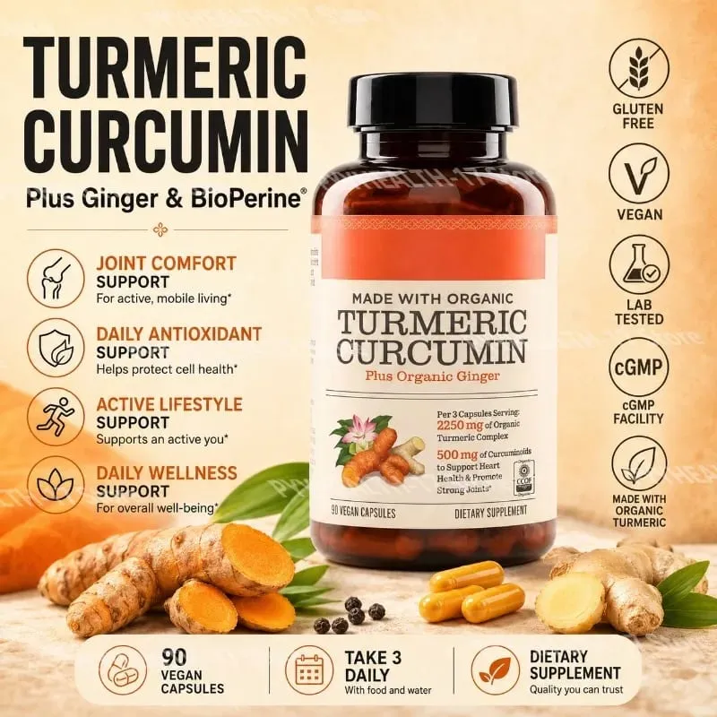 Turmeric Curcumin Plus Vegan Capsules Made with Organic Ginger Supports Joint Health and Heart Health Non-GMO 90 Capsules — image 2