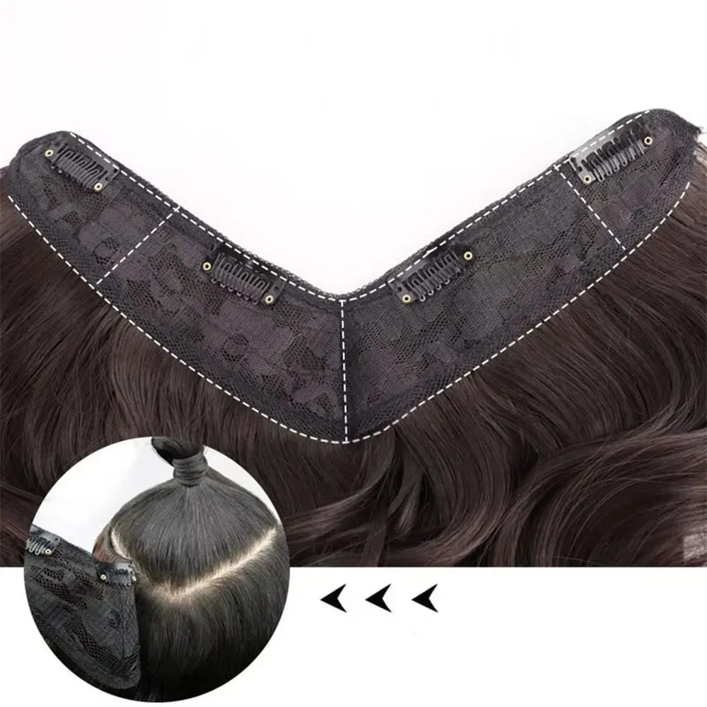 20Inch Synthetic Long Curly Hair Extension 4 Clips V-shape Natural Brown Black Hairpiece for Women