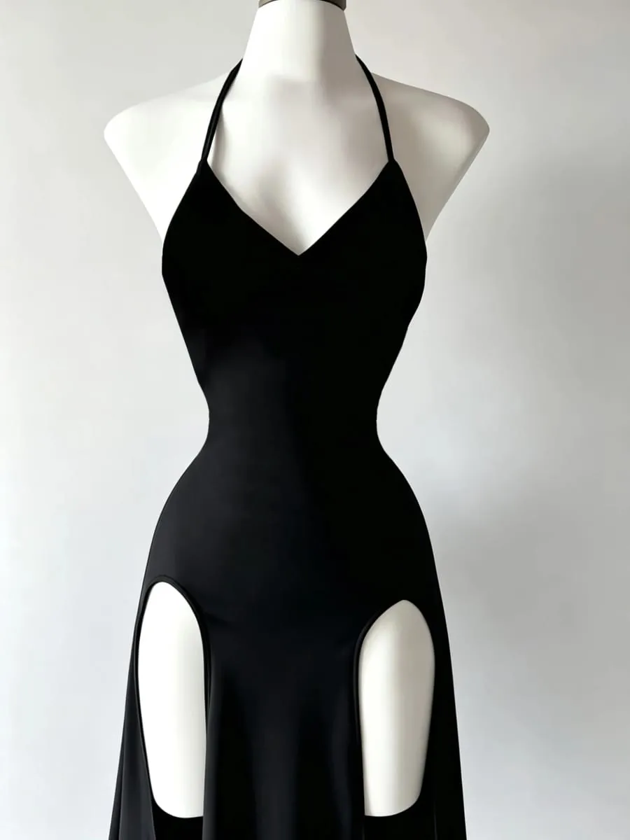 Atmospheric and Stylish Little Black Dress with Thin Halter Neck Deep V-Neck Waist-Cinching Design High Slits on Both Sides and a Flowing Slimming Long Gown