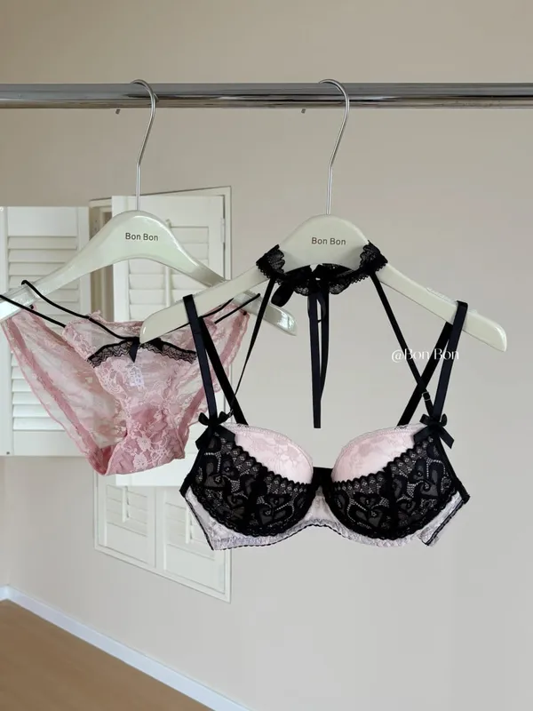 French Lace Halter Neck Women Lingerie Set Push‑Up Bra Kit Soft Breathable Skin‑Friendly Underwear For Small Bust
