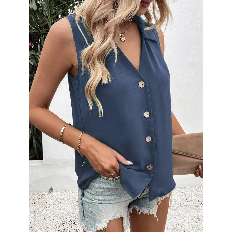 Women's V-Neck Button Chiffon Blouse Summer Lightweight Loose Casual Sleeveless Top Office Lady Solid Color Basic Vest — image 5
