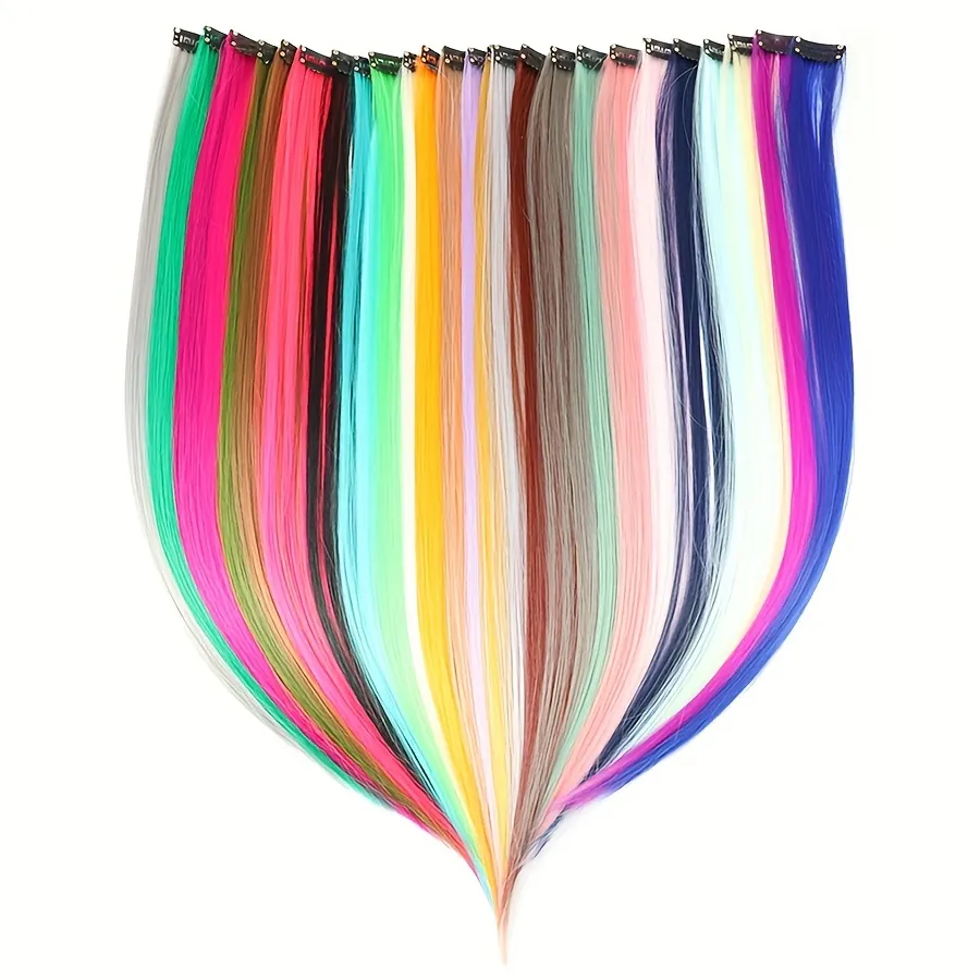 5pcs/set Colorful Clip In Synthetic Hair Extension Rainbow Long Straight Hairpieces For Women Girl Kids Y2K Style Daily Party