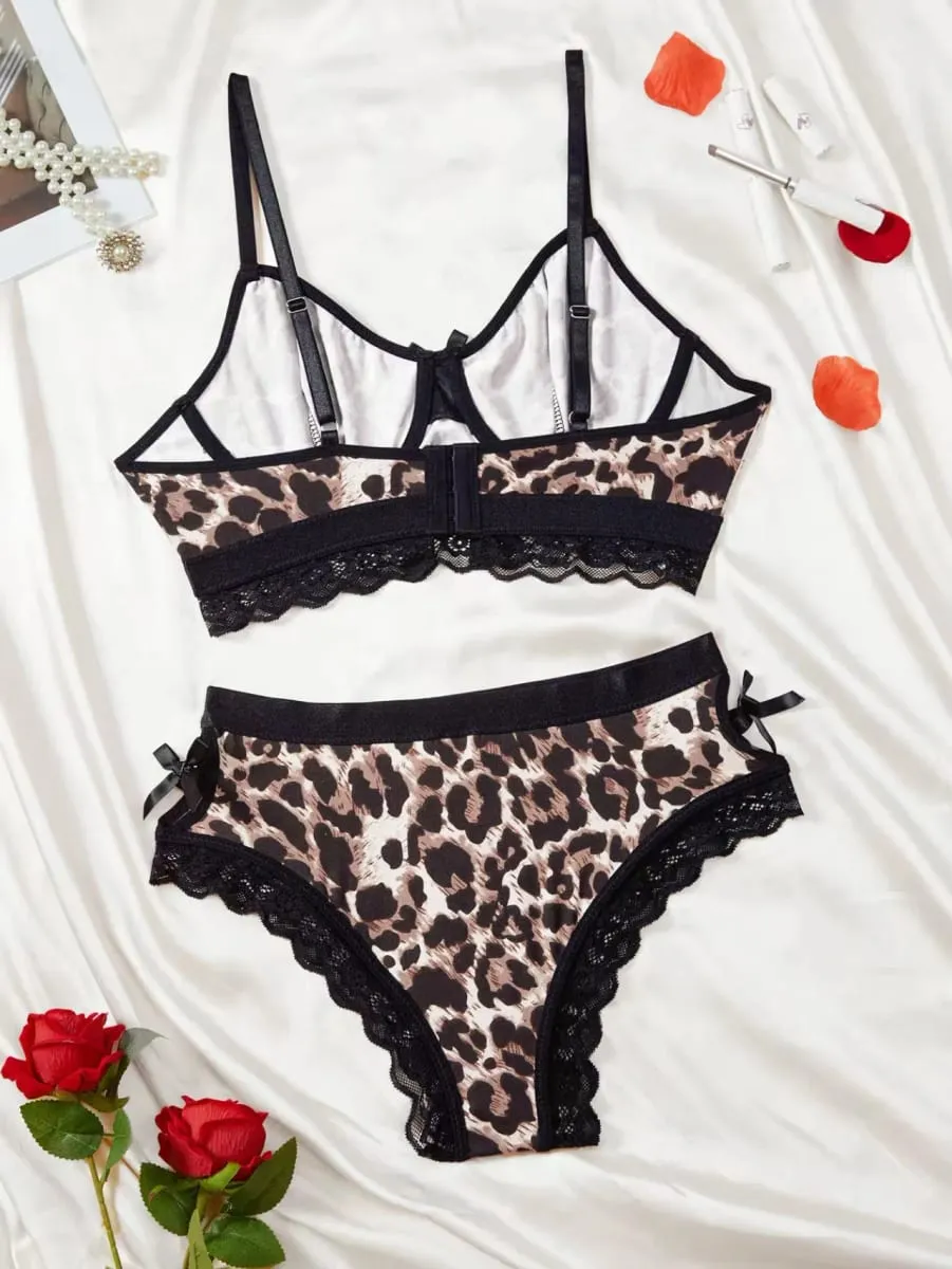 Sexy Leopard Print Lace Lingerie Set Seamless Push-up Bra for Full Bust Support