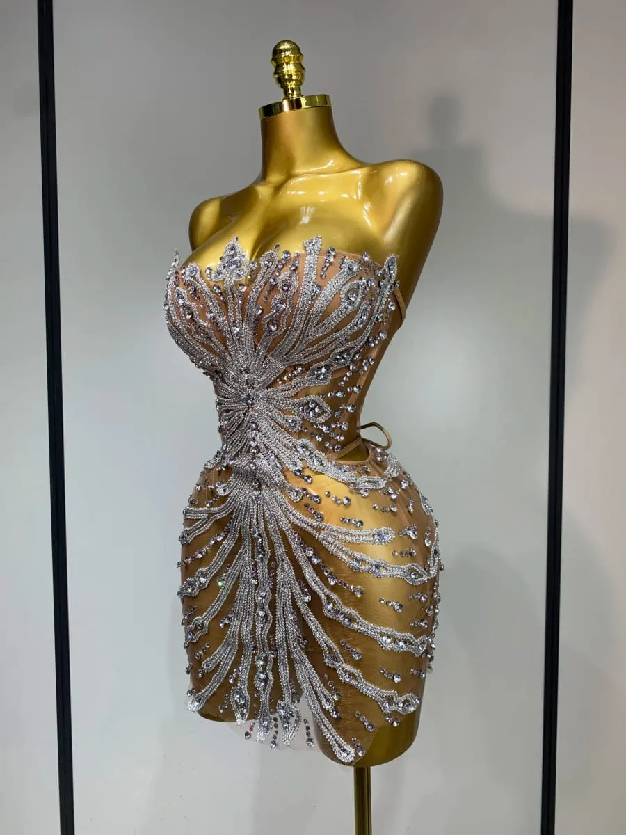 Women Sexy Strapless Rhinestones Mini Dress Performance Costume See Through Stage Dancer Club Evening Party Birthday Dress — image 2
