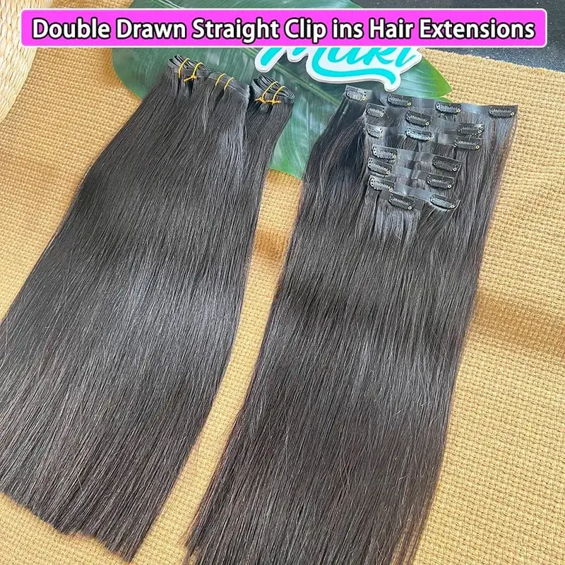 Double Drawn Straight Clip Ins Human Hair Extensions #1B Natural Black Color 100grams 7Pcs/Set Seamless PU Weft Clips in Hair