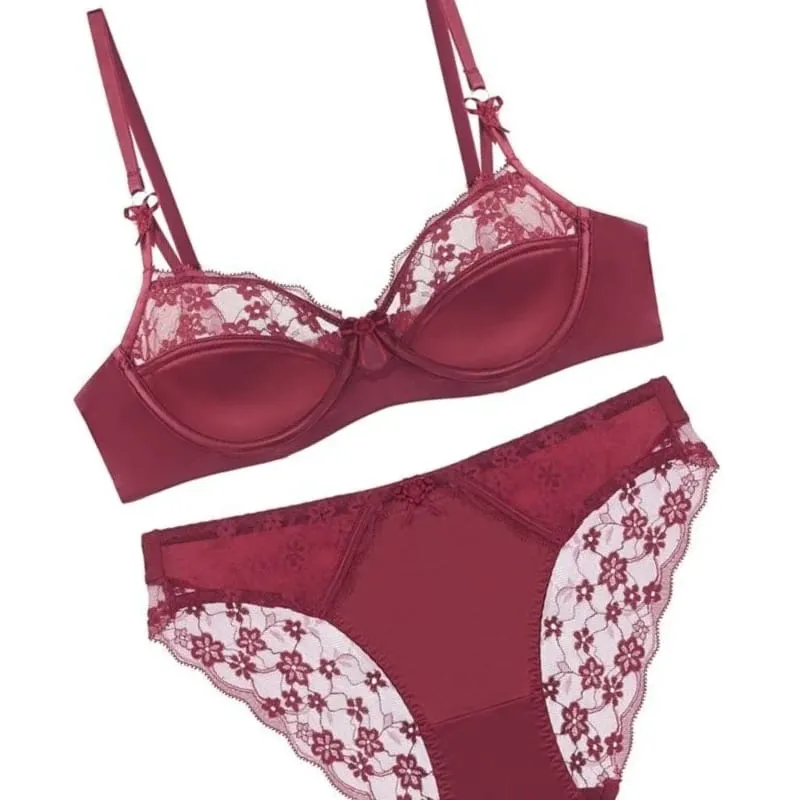 Women Thin French Half Cup Lace Bra Set Minimizer for Big Bust Push Up Anti-Sagging Side Support Comfort Sexy Daily Lingerie Set — image 2